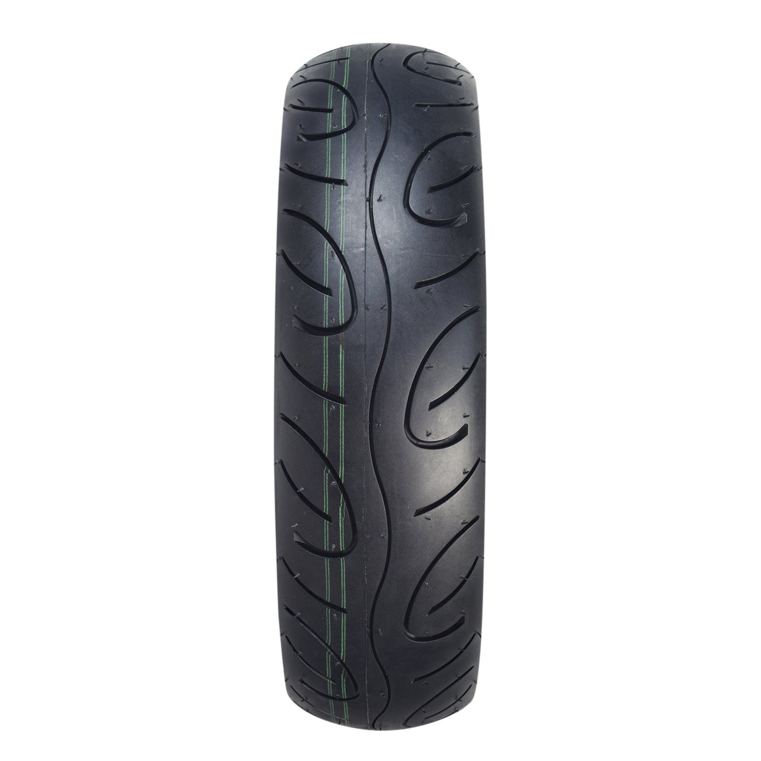 Close-up of the 100/80-10 Tubeless Pneumatic Front Tire for the Drive Medical King Cobra Mobility Scooter, featuring a sporty design with green lines and a shallow street tread pattern.