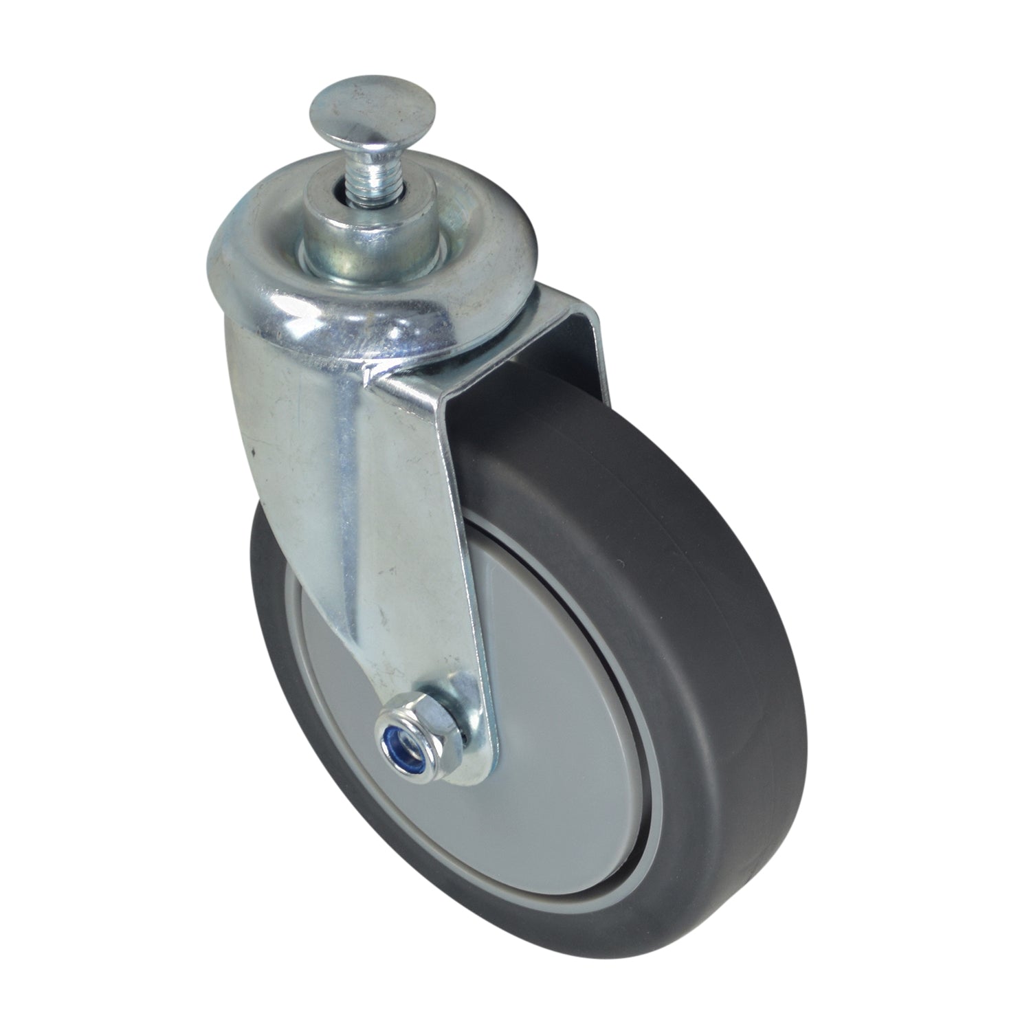 Front Caster Wheel for the Drive Medical Deluxe Chrome Hydraulic Patient Lift, featuring a 5 rubber tire on a steel fork and rim, accompanied by a visible mounting bolt and lock nut.