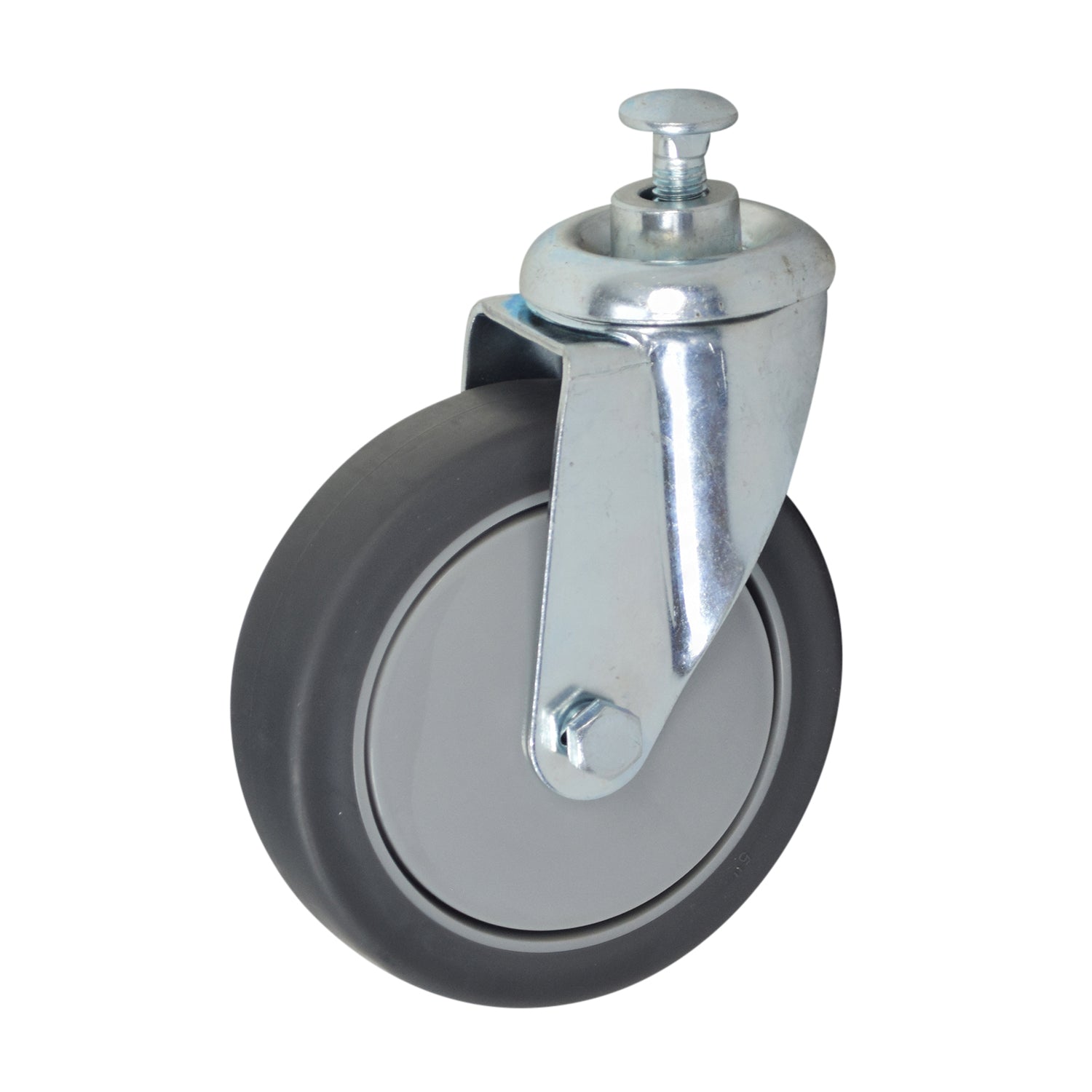 Front Caster Wheel for the Drive Medical Deluxe Chrome Hydraulic Patient Lift, featuring a 5 rubber tire on a steel fork and rim, with a visible mounting bolt and lock nut included.