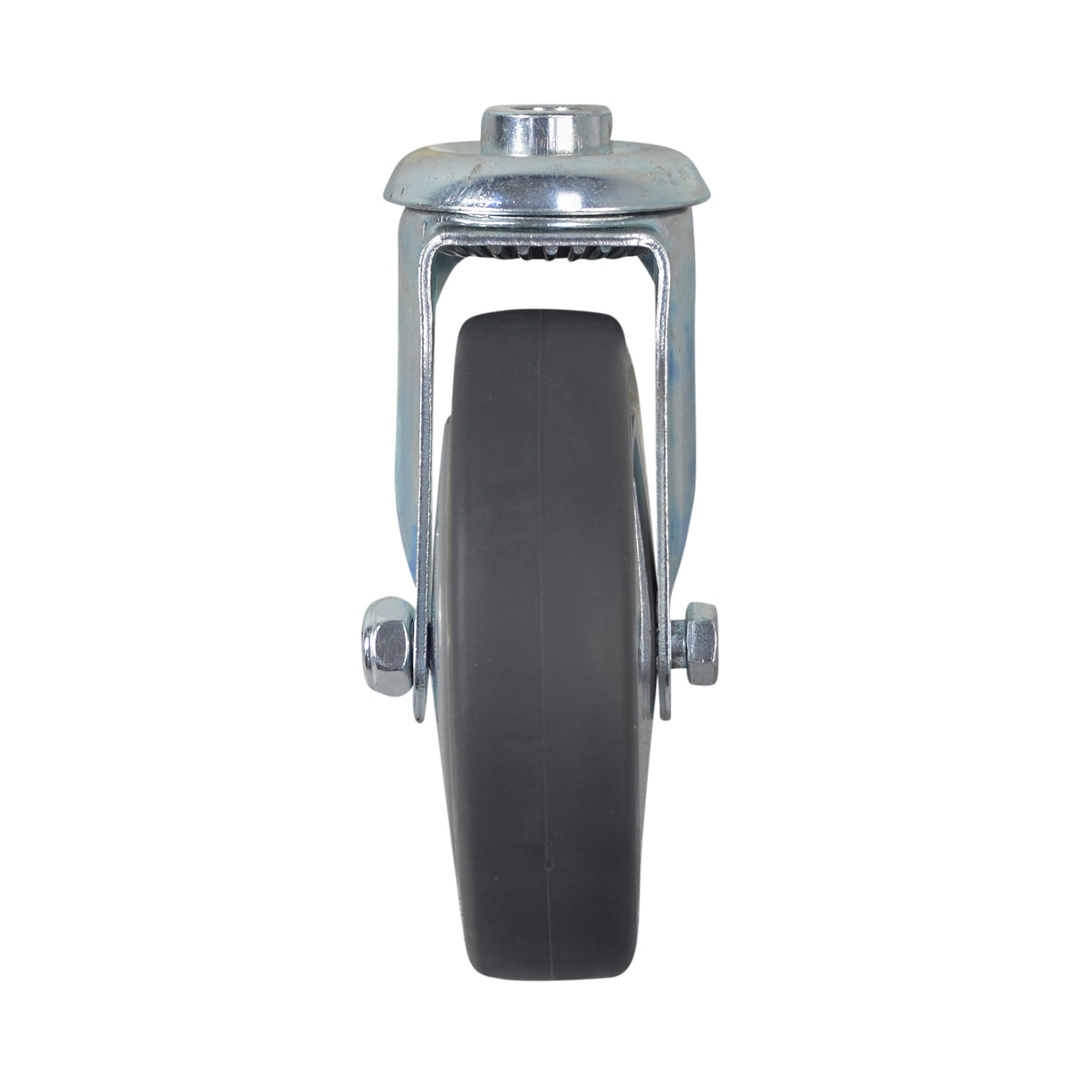 Front Caster Wheel for the Drive Medical Deluxe Chrome Hydraulic Patient Lift, featuring a 5 rubber tire on a steel fork and rim, including a mounting bolt and lock nut.