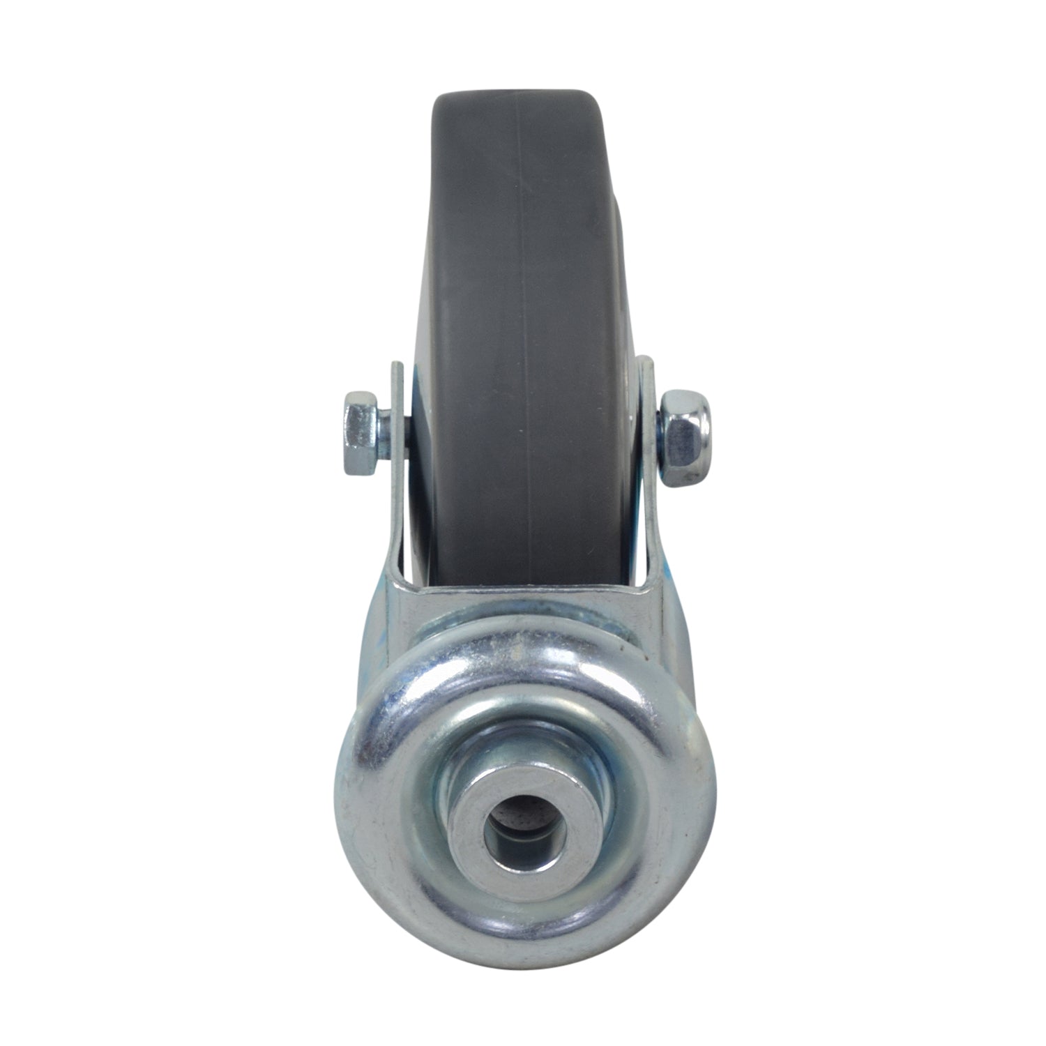 Front Caster Wheel for the Drive Medical Deluxe Chrome Hydraulic Patient Lift, featuring a 5 rubber tire on a metal rim, shown with its steel fork and included mounting bolt and lock nut.