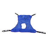 53 x 42 Full Body Sling with Commode Opening for Drive Medical Patient Lifts, featuring a blue polyester mesh with a central opening and four attachment points for patient support during lifts.