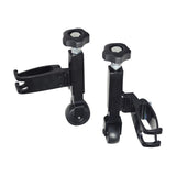 Slow Down Brake for Drive Medical Nitro Rollators showing two black metal brake devices with adjustable knobs, designed to clamp onto the rollator frame and restrict wheel movement for enhanced user safety.