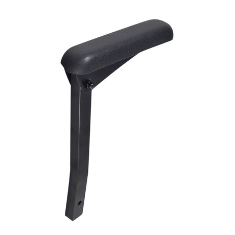 Armrest for the Drive Medical ZooMe Auto-Flex Scooter featuring a black vinyl upholstery, a 3/4 steel armature tube with hinge, and a 9 armrest pad.