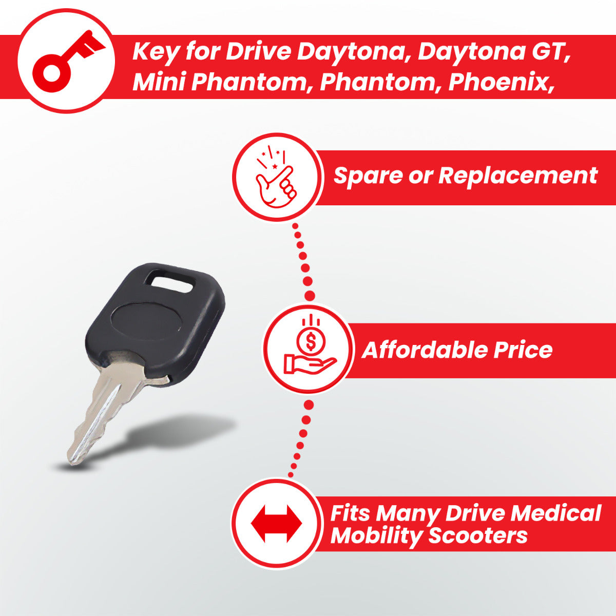 Key for Drive Daytona, Daytona GT, Mini Phantom, Phantom, Phoenix, Phoenix HD, and Stingray mobility scooters, shown close-up with a keyring attached.