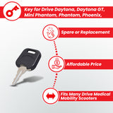 Key for Drive Daytona, Daytona GT, Mini Phantom, Phantom, Phoenix, Phoenix HD, and Stingray mobility scooters, shown close-up with a keyring attached.