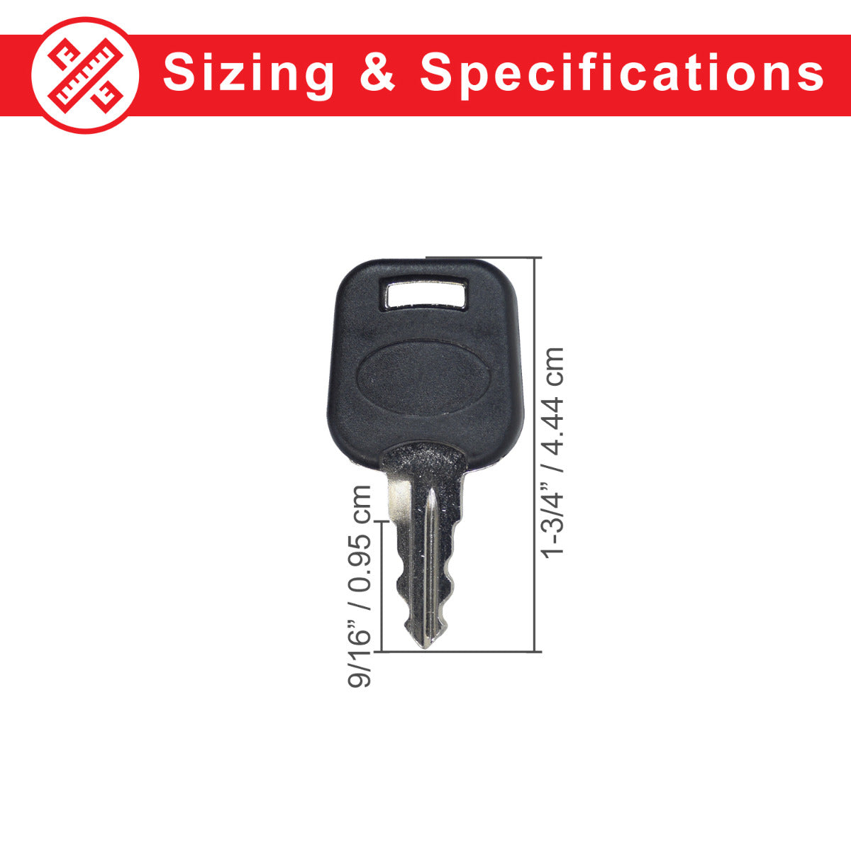 Key for Drive Daytona, Daytona GT, Mini Phantom, Phantom, Phoenix, Phoenix HD, and Stingray mobility scooters, featuring a black handle and metal shaft, close-up showing detailed measurements.