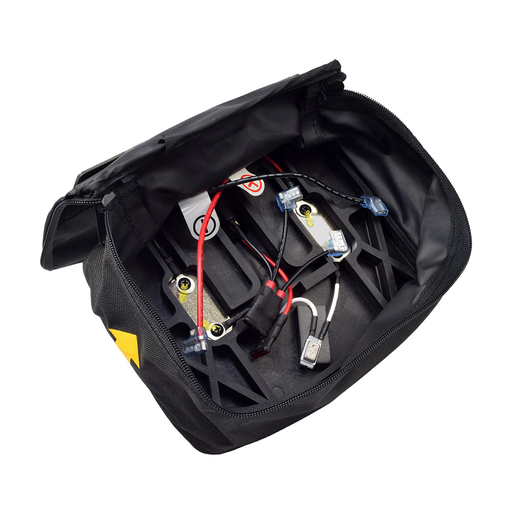 12 Volt Battery Bag Assembly for the Drive Medical Phantom & Stingray Scooters, featuring a black nylon bag with visible wires for securing and protecting AGM mobility batteries.