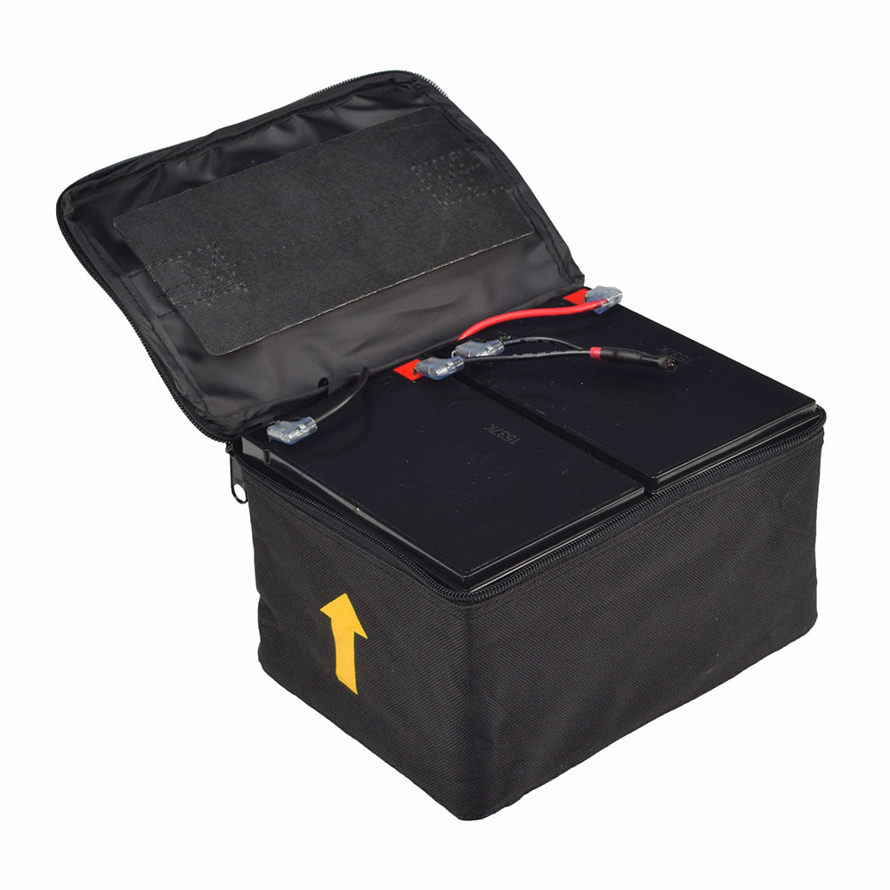 12 Volt Battery Bag Assembly for the Drive Medical Phantom & Stingray Scooters, featuring a durable black nylon bag with attached red and black cords for securing AGM mobility batteries.