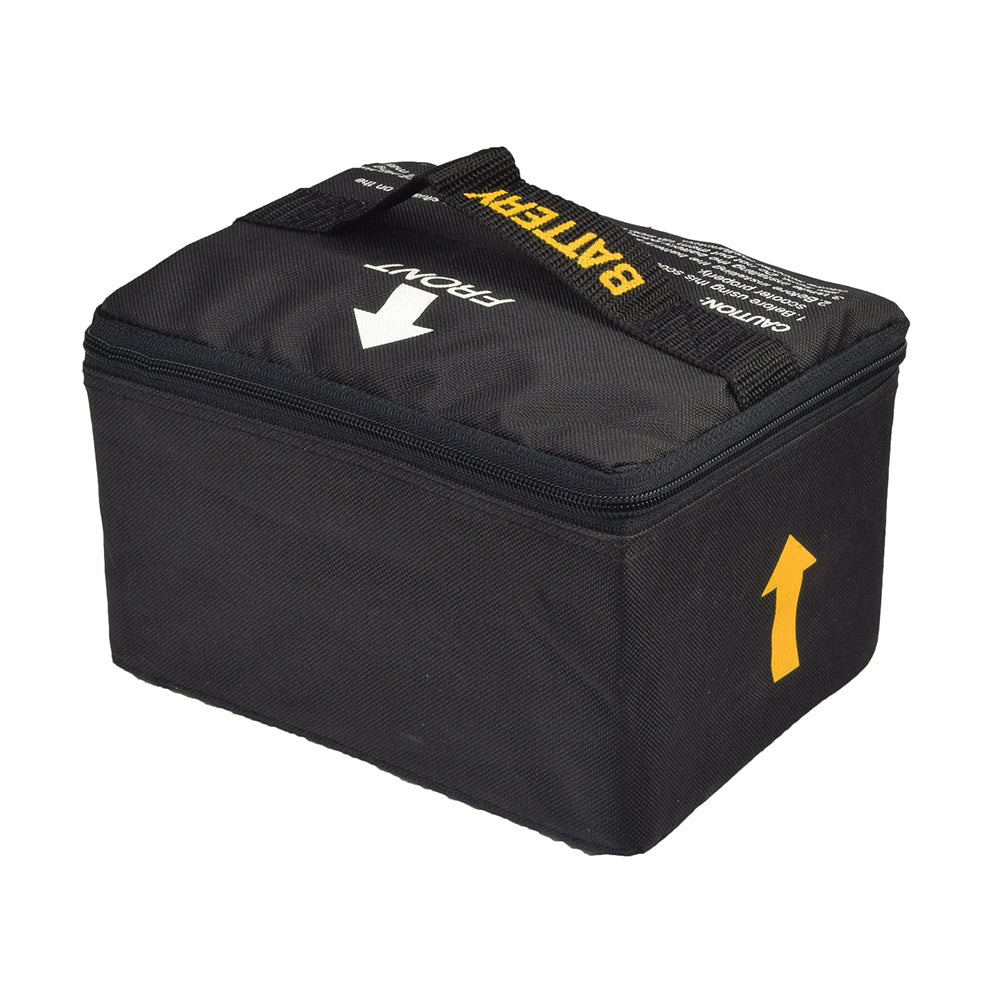 12 Volt Battery Bag Assembly for the Drive Medical Phantom & Stingray Scooters, a black nylon bag with yellow text designed to securely store and protect mobility scooter batteries.