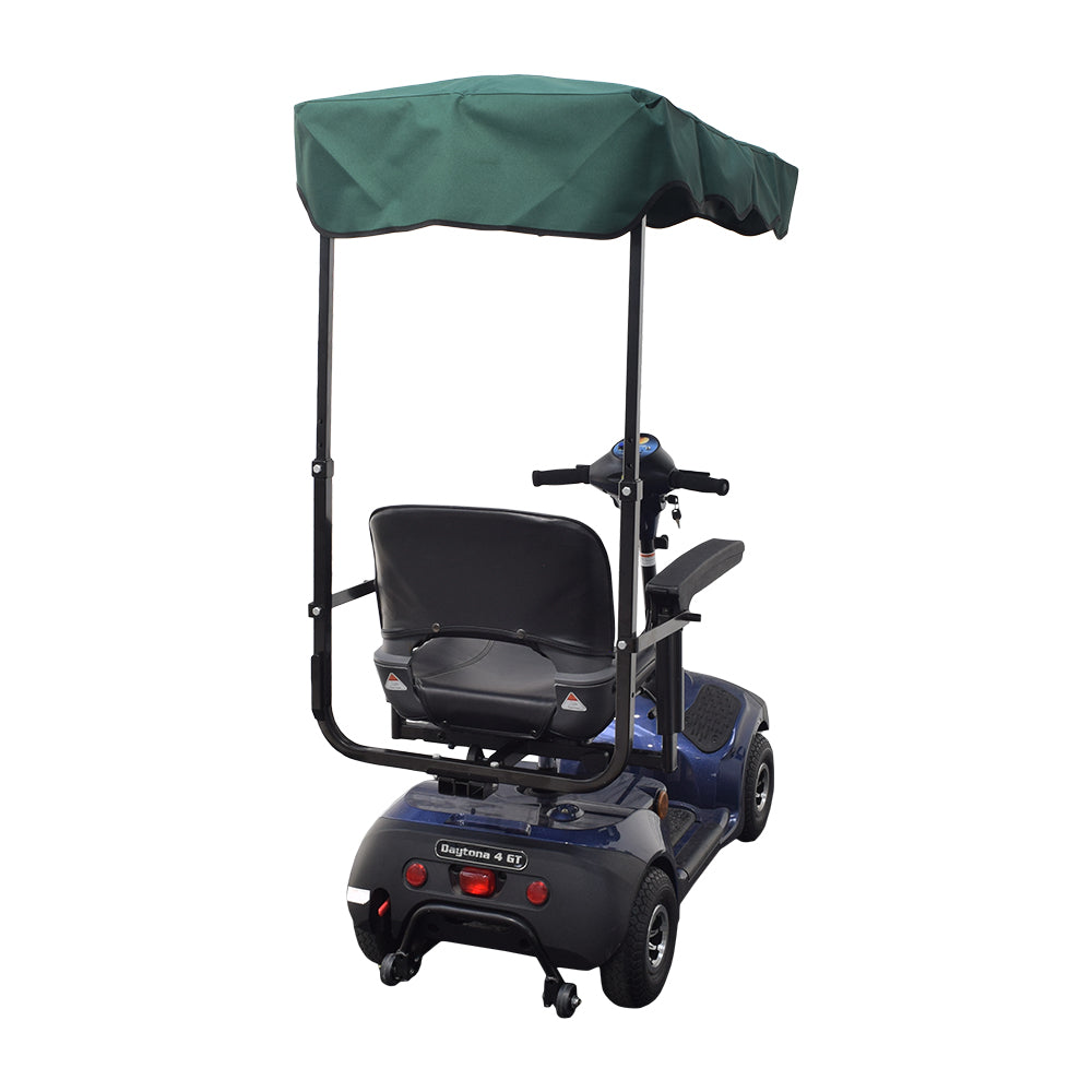 Sun Shade for Scooters & Power Chairs by Drive Medical, shown installed on a blue and black electric scooter with a green canopy, providing comfort and convenience.