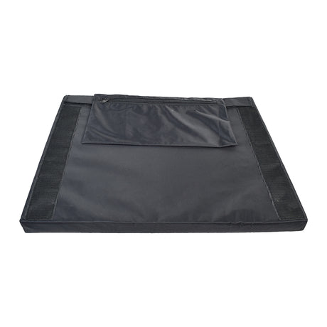 Black 16 Seat Cushion for the Drive Medical Cirrus Plus EC, featuring 1 thick upholstery and a 13 x 7 zippered pouch on the front panel, displayed on a white background.