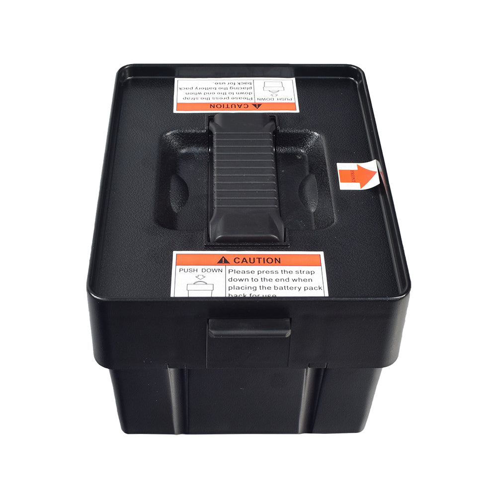 Black plastic battery box with handle for Drive Geo Portable, Mini Phantom, Phoenix 3, and Phoenix 4 Mobility Scooters.