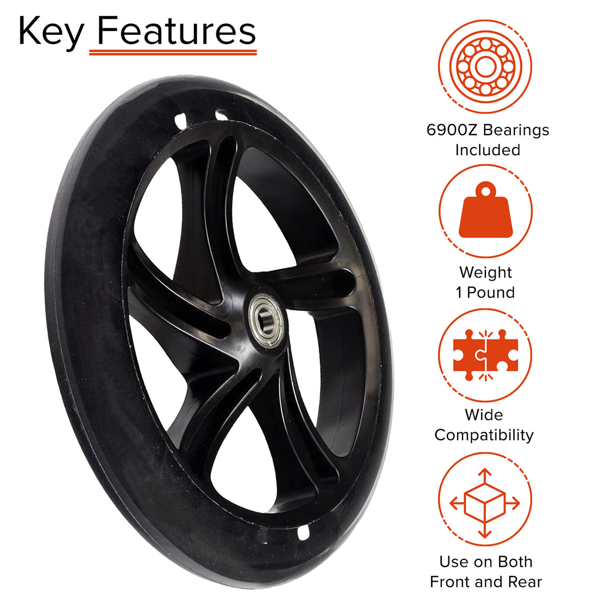 8 (200 mm) Caster Wheel Assembly for the Drive Medical DV8 Steerable Knee Walker, showing a close-up of the black wheel and rim designed for front and rear use on the knee walker.