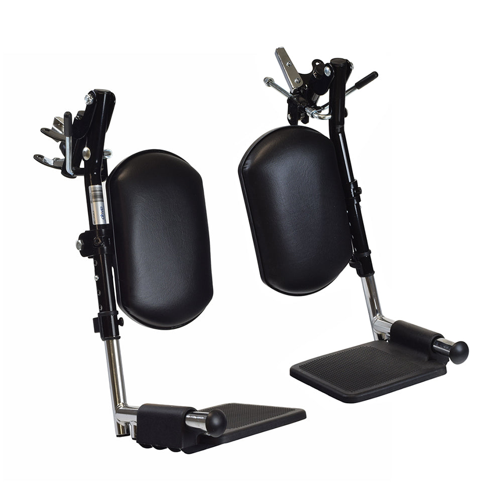 Elevating Leg Rest Set for Drive Titan AXS Power Chair, Cirrus Plus EC, Blue Streak, Cruiser III, & Silver Sport 2 Power Chairs & Wheelchairs (Set of 2) shown with calf pads and pivoting footplates.