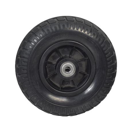 8x2 (200x50) Black Flat-Free Front Wheel Assembly for the Drive Bobcat 3, featuring a black wheel with a metal center and pre-installed 6200ZZ bearings, close-up view showcasing tread and rim.