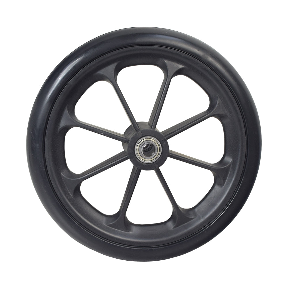 8 Rear Caster Wheel for the Drive Aluminum Transport Chair, featuring a black wheel with a metal spoke and center, designed as an OEM replacement part for rear transport chair caster wheels.