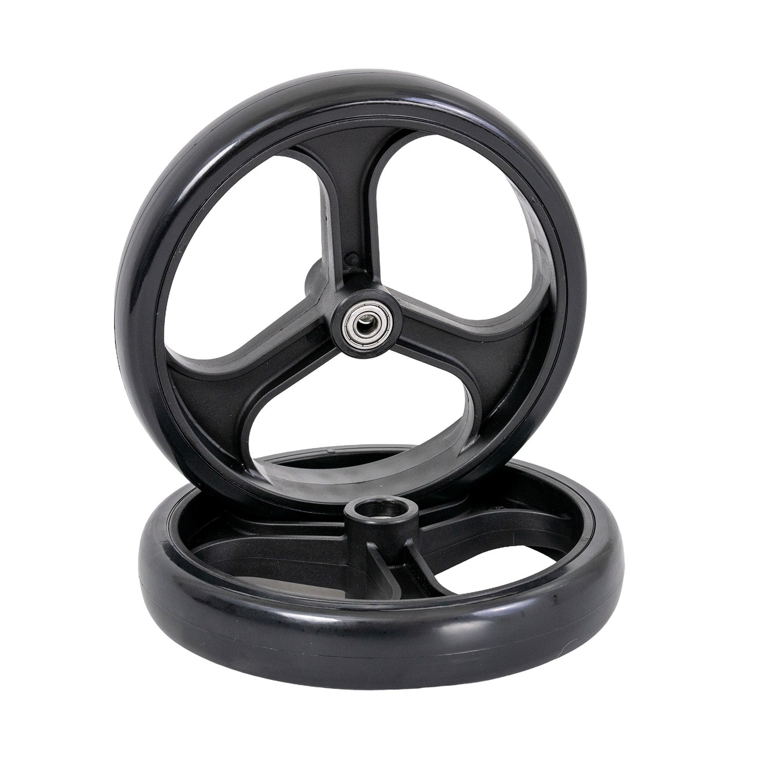 Close-up of the 8 Rear Caster Wheel for the Drive Duet Rollator/Transport Chair & D-Lite Rollator (750N), showcasing the black wheel with a metal center.