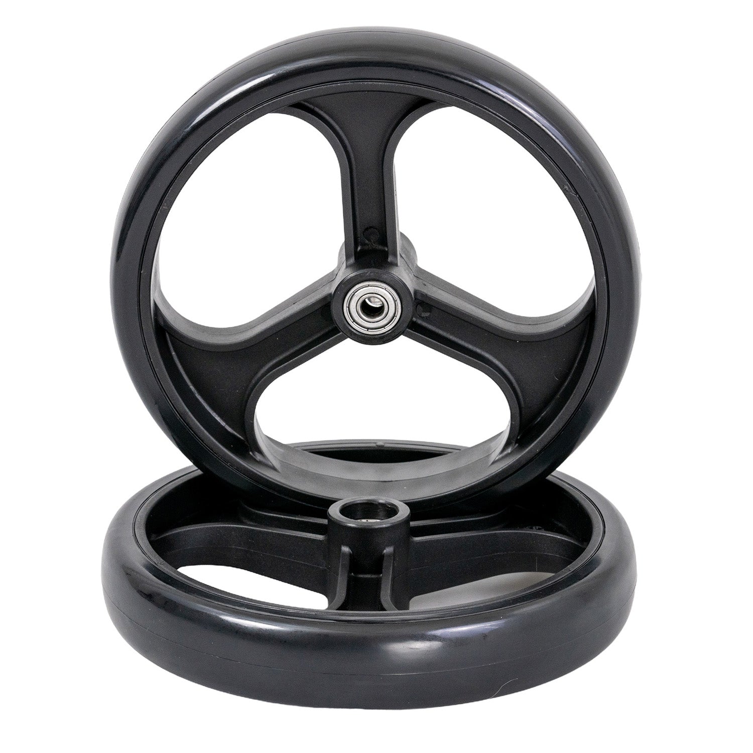 8 Rear Caster Wheel for the Drive Duet Rollator/Transport Chair & D-Lite Rollator (750N), featuring a black wheel with a metal center and smooth rim for stability and support.