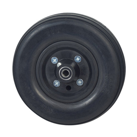 Front caster wheel for Drive Sentra EC Heavy Duty Bariatric Wheelchair, showing a black wheel with a metal center and nut, designed for optimal stability and durability.