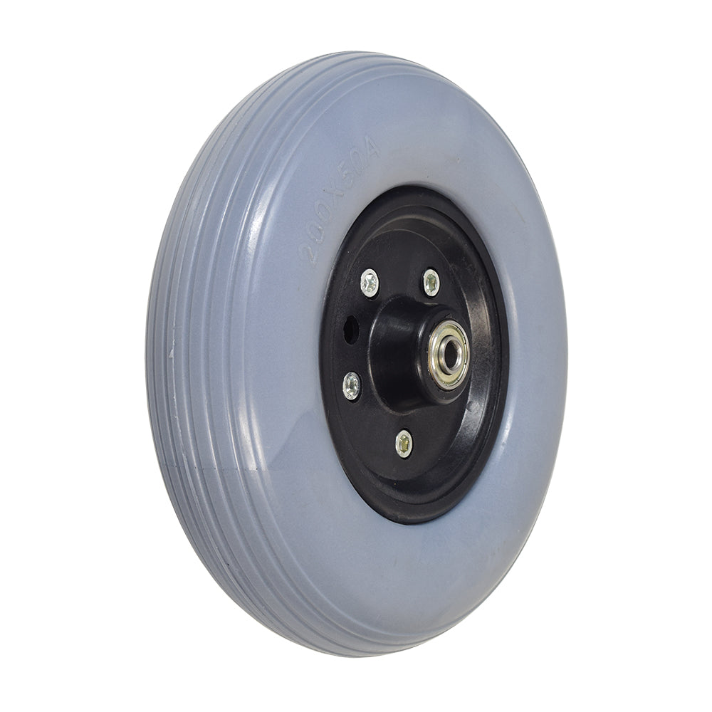 8x2 (200x50) front caster wheel for the Drive Sentra EC Heavy-Duty Extra Extra Wide bariatric wheelchair, featuring a black rubber rim and metal center, shown in a close-up view.