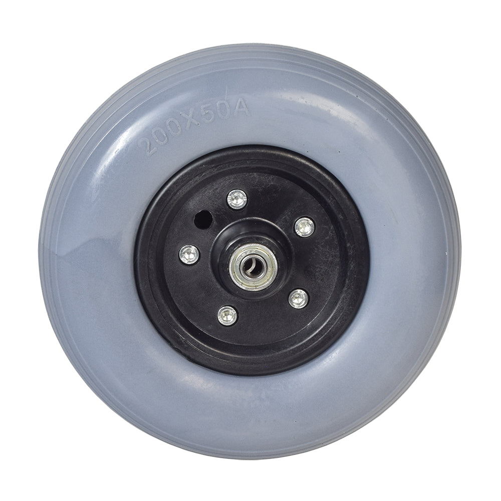 Front caster wheel with a black rim for Drive Sentra EC Heavy-Duty Extra Extra Wide Bariatric Wheelchair, 8x2 (200x50), shown in a close-up view.