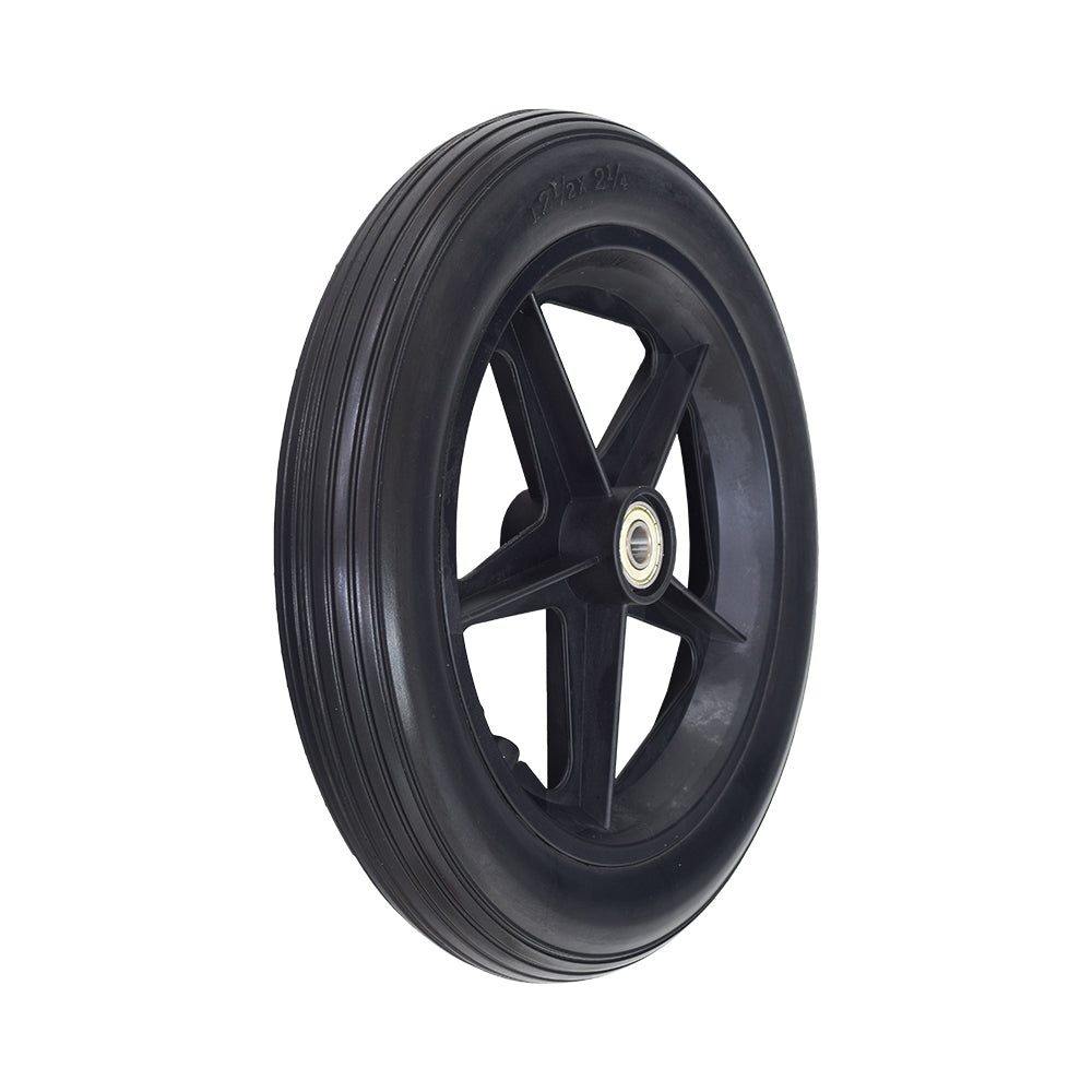 12 Rear Caster Wheel for the Drive Lightweight Expedition Aluminum Transport Chair, featuring a black rim and metal spokes, shown in a close-up view highlighting its tread and synthetic rubber surface.