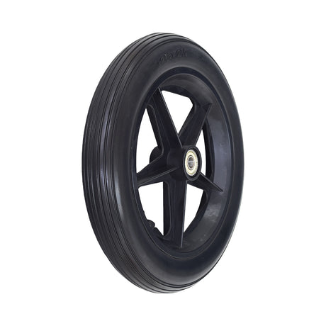 12 Rear Caster Wheel for the Drive Lightweight Expedition Aluminum Transport Chair, featuring a black rim and metal spokes, shown in a close-up view highlighting its tread and synthetic rubber surface.