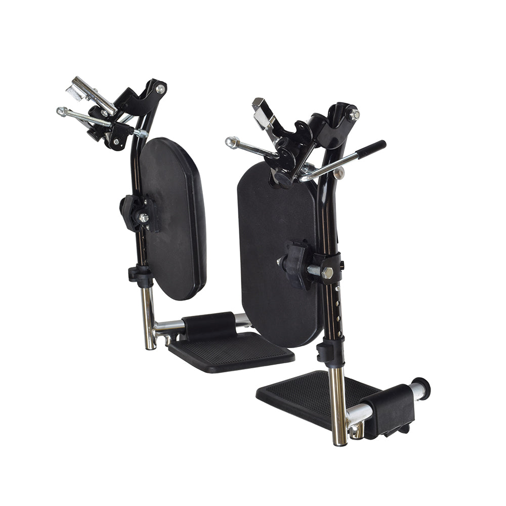 Swing-Away Elevating Legrests for Drive Medical Wheelchairs with durable plastic footplates and nylon calf pads, designed for comfortable foot elevation and support on various wheelchair models.