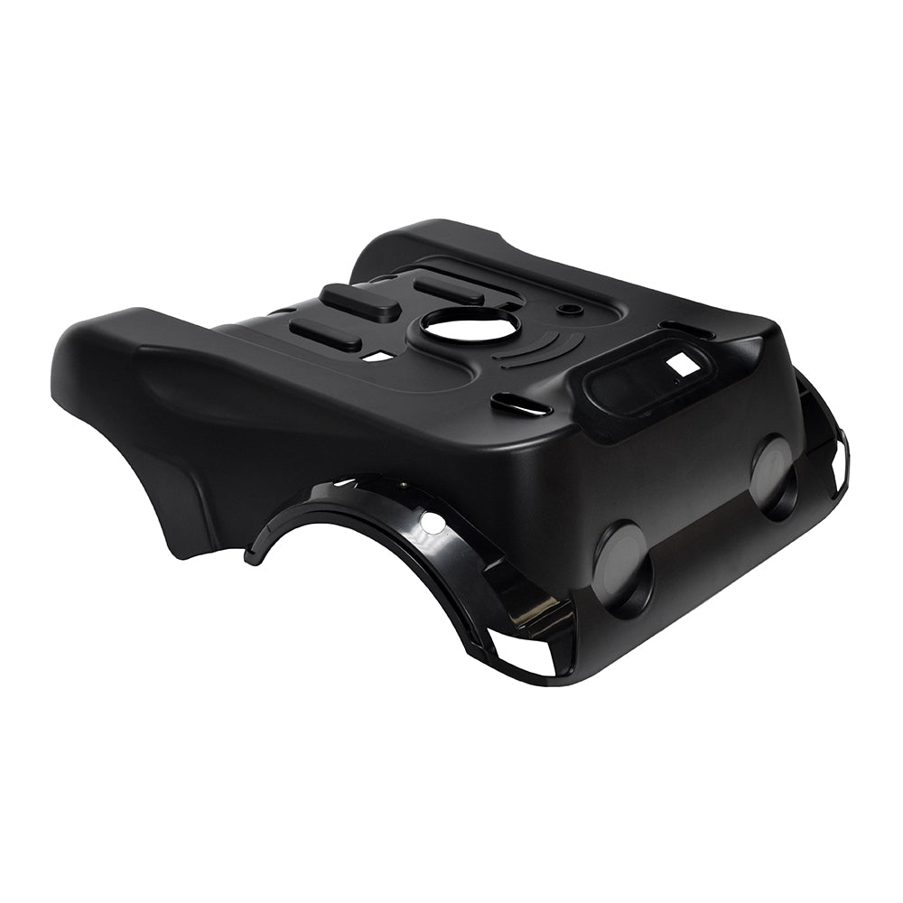 Black Main Shroud for the Drive Medical Sunfire Plus GT power chair, featuring holes and a sleek design. Ideal as a replacement part, sold without hardware.