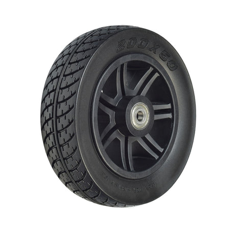 8x2 (200x50) Black Flat-Free Front Wheel Assembly for the Drive Medical Spitfire Scout 3-Wheel Scooter, featuring a black heavy tread tire and black rim.