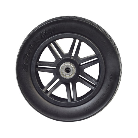 8x2 Black Flat-Free Front Wheel Assembly for Drive Medical Spitfire Scout 3-Wheel Scooter, featuring a black heavy tread tire and black rim, designed for maintenance-free, worry-free use.