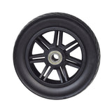 8x2 (200x50) Black Flat-Free Front Wheel Assembly for the Drive Medical Spitfire Scout 4-Wheel Scooter featuring a metal center, heavy tread, and maintenance-free tire.