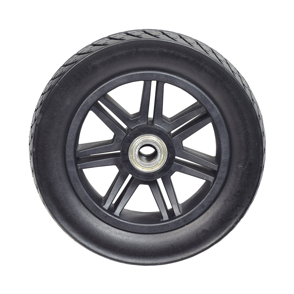 8x2 (200x50) Black Flat-Free Front Wheel Assembly for the Drive Medical Spitfire Scout DLX 4-Wheel Scooter featuring a black tire with metal rim, designed for maintenance-free use.