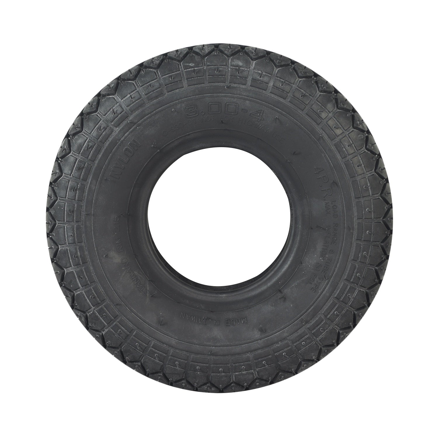 3.00-4 (10x3, 260x85) Pneumatic Tire for Drive Ventura mobility scooter, black tire with treads and central hole, suitable for front and rear wheels, compatible with standard and DLX models.