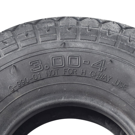 Close-up of the 3.00-4 (10x3, 260x85) pneumatic tire for Drive Ventura mobility scooters, showing tread pattern suitable for both front and rear wheels.