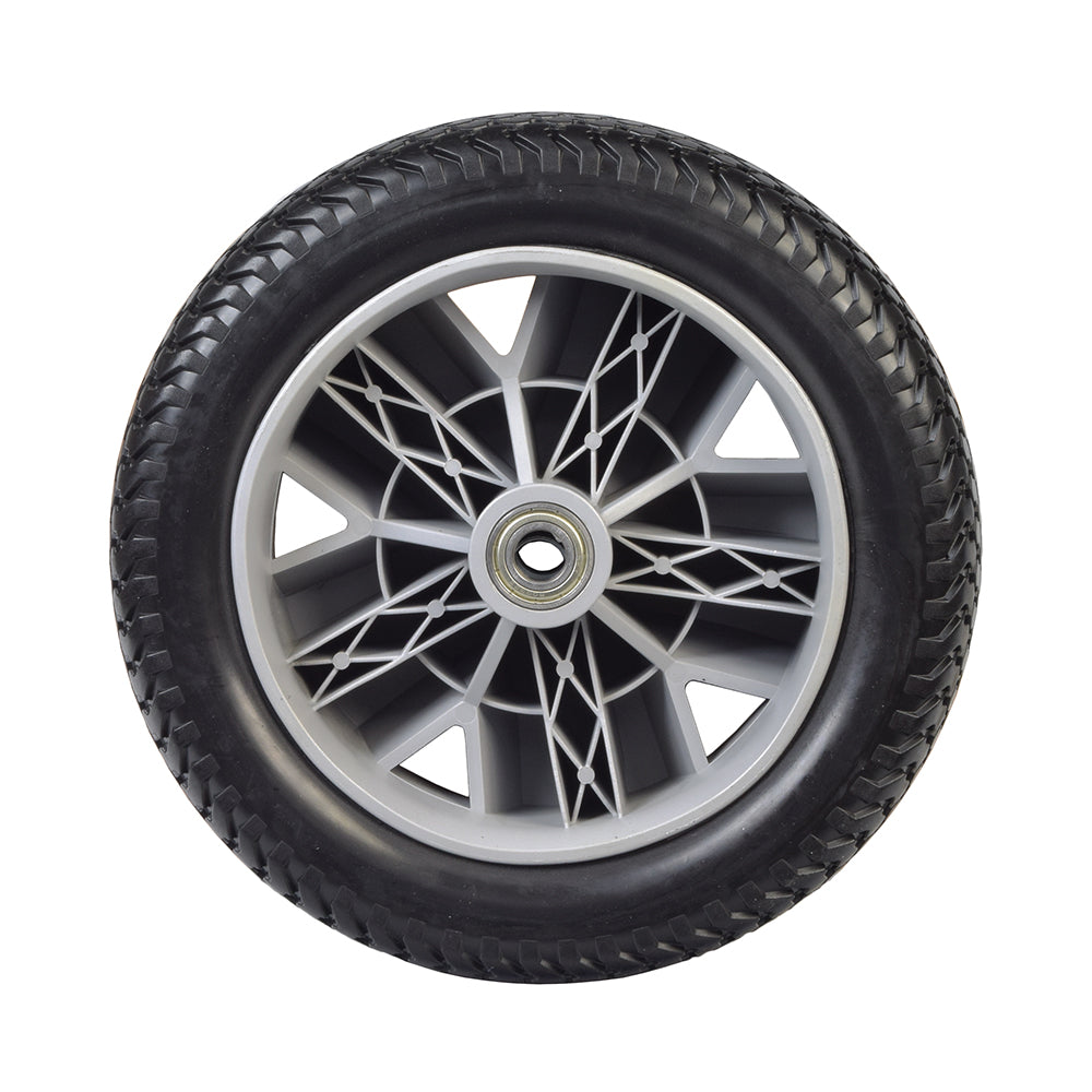 3.00-4 (10x3, 260x85) Flat-Free Front Wheel Assembly for the Drive Ventura 4-Wheel Scooter, featuring a tire with a silver rim and detailed tread pattern.