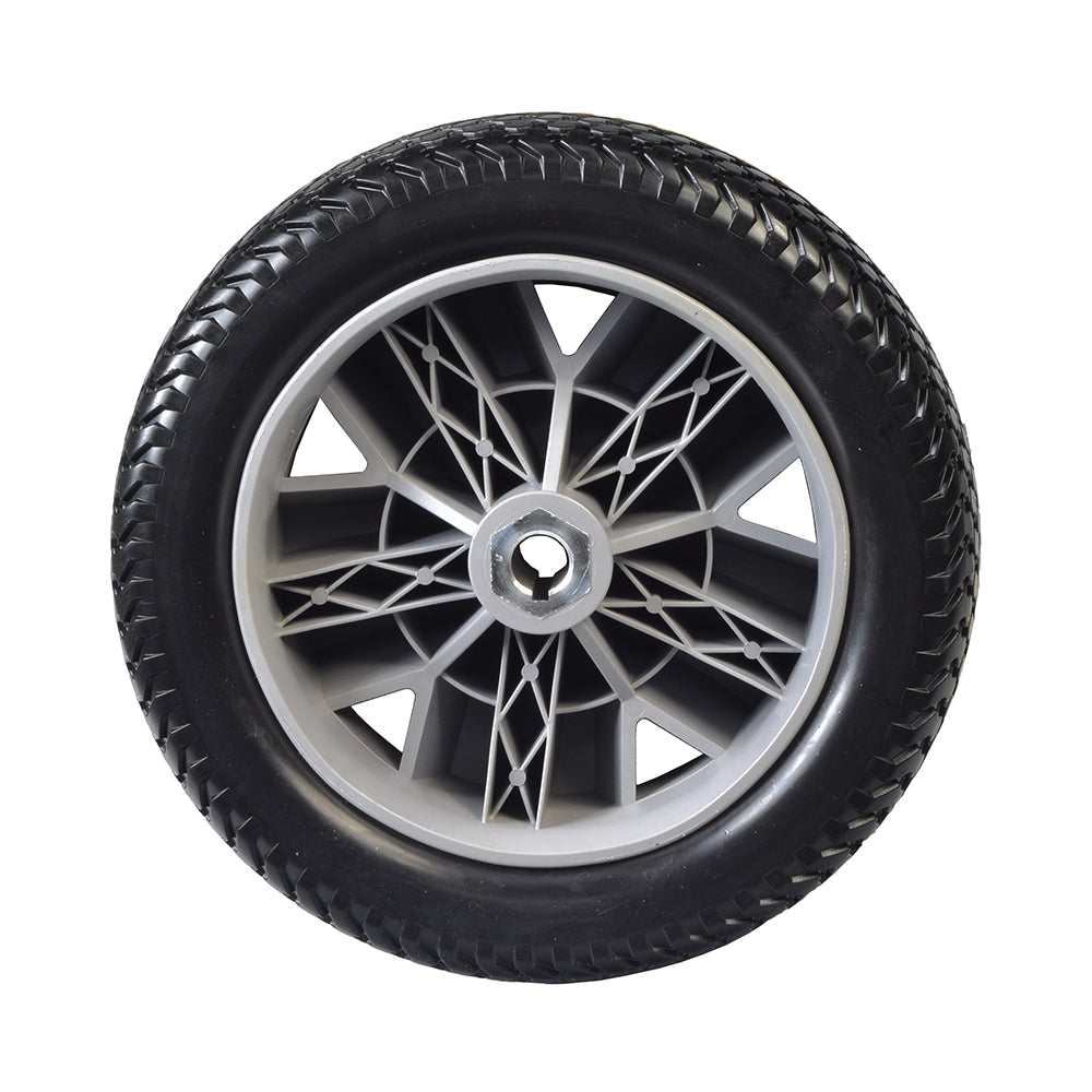 10” x 3” Flat-free Drive Wheel Assembly for Drive Titan & Titan AXS Power Chairs, featuring a tire with a silver rim, complete with bearings and tread for durable, worry-free performance.