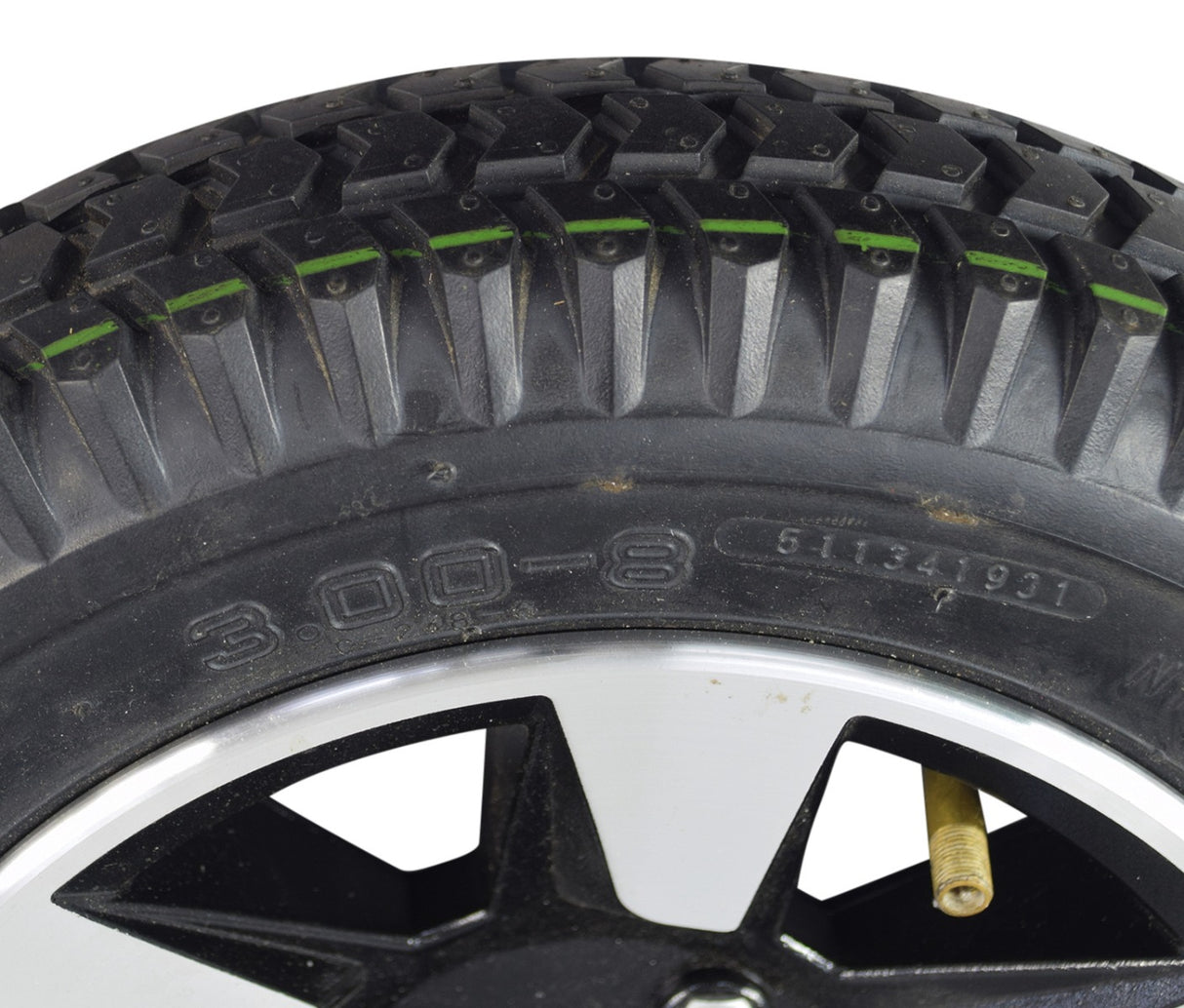 Close-up view of the 3.00-8 Rear Wheel Assembly for the Drive Cobra GT4 mobility scooter, highlighting the detailed tire tread and rim design essential for replacement on the Cobra GT4 model.