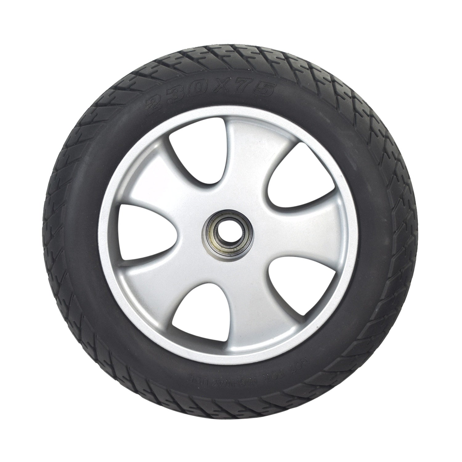 9x3 Flat-Free Front Wheel Assembly for the Drive Phoenix HD 4-Wheel Mobility Scooter, featuring a tire with a silver rim, designed as a genuine Drive Medical OEM replacement part.