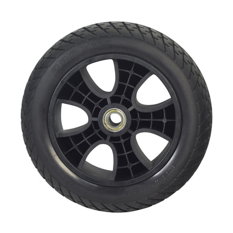 9x3 Flat-Free Front Wheel Assembly for the Drive Phoenix HD 4-Wheel Mobility Scooter showing a black tire with a black rim, suitable as an OEM replacement part.