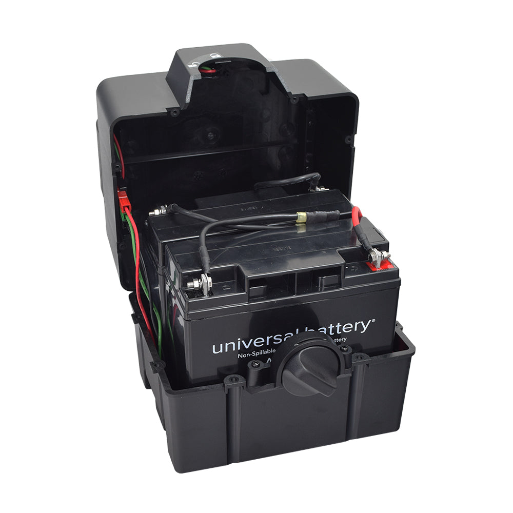 Battery Box Assembly for the Drive Phoenix HD3 & HD4 (Blemished), showing a black battery box with attached wires, designed for easy disassembly and transport of the scooter.