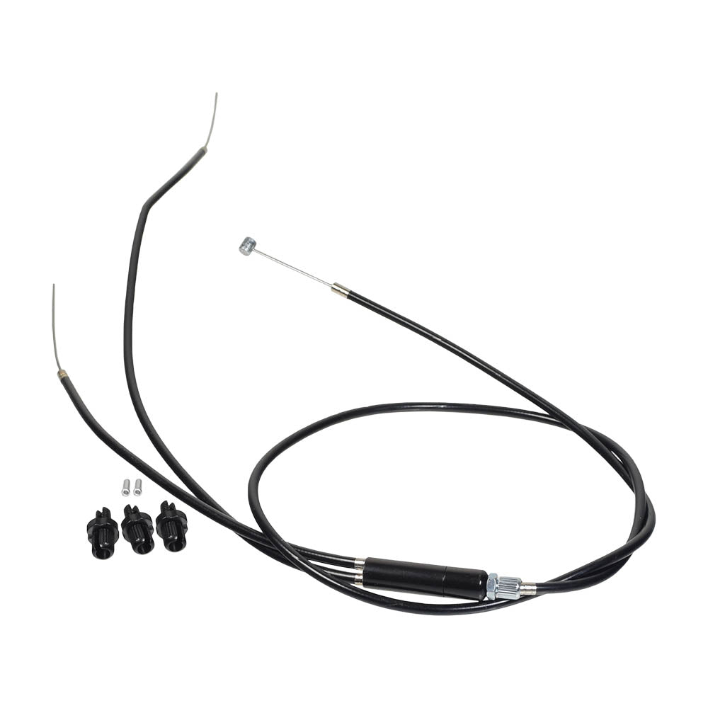 Brake Cable Assembly for the Drive Medical Knee Walker (780) featuring a black cable with screws and metal parts, designed to connect the single brake lever to both wheels.