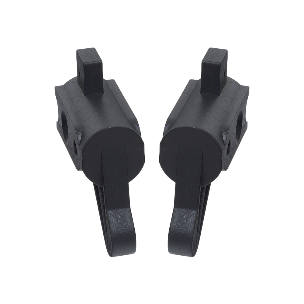 Backrest Pivot Brackets for Drive Medical Rollators (Set of 2) - a pair of black plastic objects, each with holes and screws, designed as replacement backrest pivot brackets.