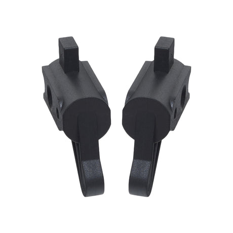 Backrest Pivot Brackets for Drive Medical Rollators (Set of 2) - a pair of black plastic objects, each with holes and screws, designed as replacement backrest pivot brackets.