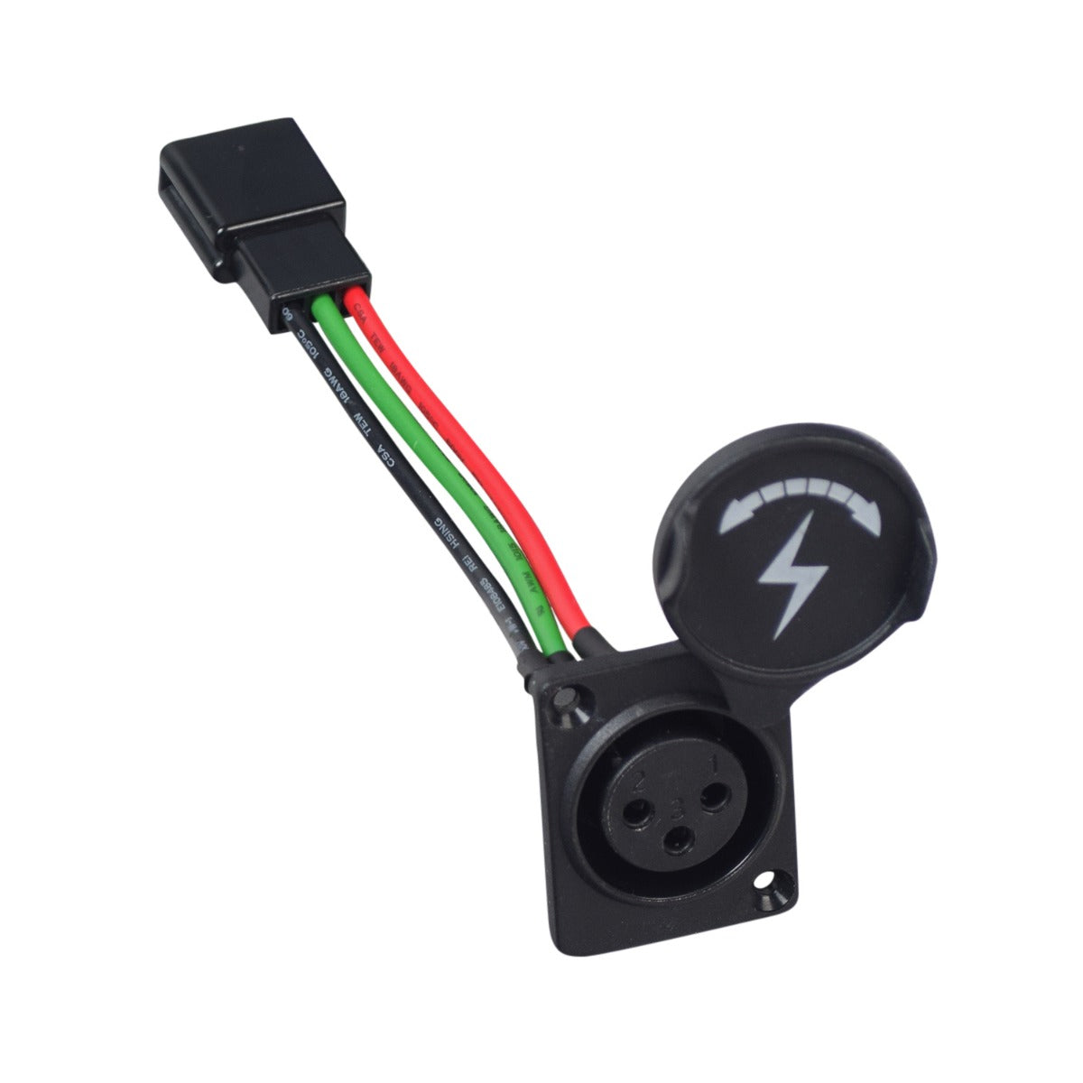 Charging Port with Wires for Drive Medical Bobcat X3, X4, Scout DST 3, and DST 4, featuring a black device with green and red wires and a close-up of the plug.