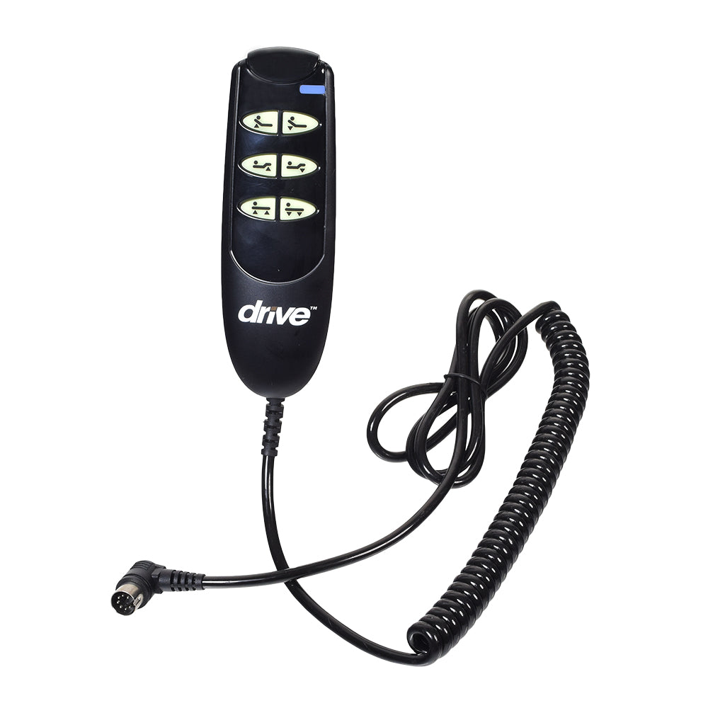 6 Button 7-Pin Hand Control Pendant for the Drive Medical Ultra Light Delta Bed (15033 & 15235) featuring a black remote control with a cord, designed for easy use and glow-in-the-dark functionality.