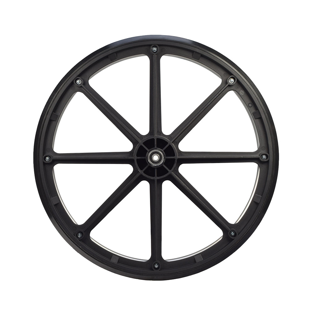 Rear Wheel for the Drive Viper Plus GT Wheelchair featuring a black Mag-style design with metal spokes and a solid, slick tire.