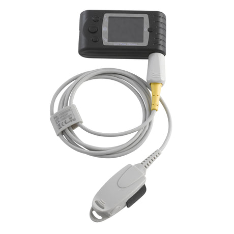 Drive Medical Handy-Ox Digital Color Pulse Oximeter with a wrap-on sensor, shown with a white cable, black rubber cover, and USB cord, highlighting its compact, portable design and display screen.