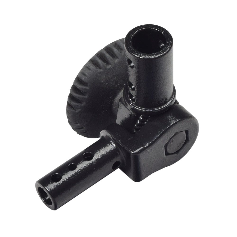 Tiller Swivel Assembly for Drive Medical Phoenix Series Scooters, featuring a black metal object with a round handle and screw, designed for easy angle adjustment with a knob suited for arthritic fingers.